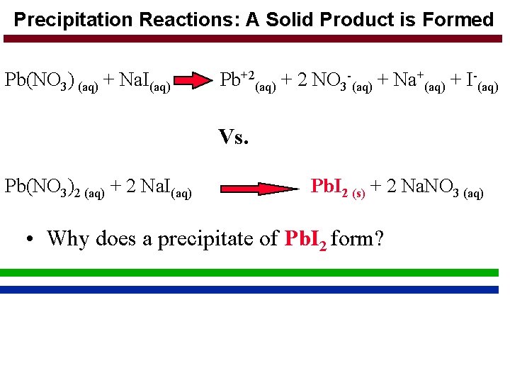 Precipitation Reactions: A Solid Product is Formed Pb(NO 3) (aq) + Na. I(aq) Pb+2(aq)