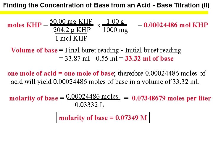 Finding the Concentration of Base from an Acid - Base Titration (II) moles KHP