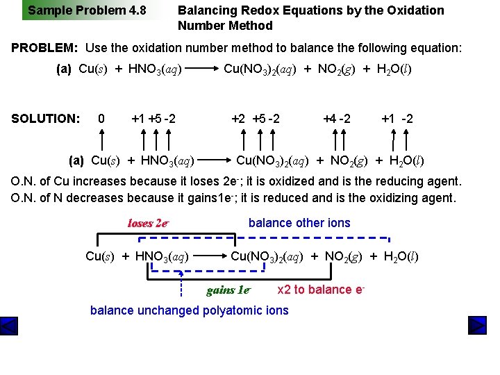Sample Problem 4. 8 Balancing Redox Equations by the Oxidation Number Method PROBLEM: Use