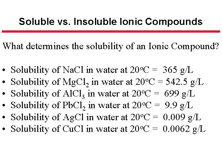 Soluble vs. Insoluble Ionic Compounds What determines the solubility of an Ionic Compound? •