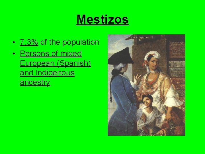 Mestizos • 7. 3% of the population • Persons of mixed European (Spanish) and
