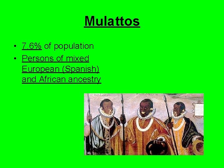 Mulattos • 7. 6% of population • Persons of mixed European (Spanish) and African