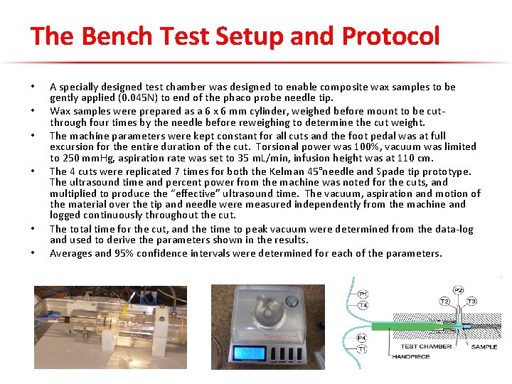 The Bench Test Setup and Protocol • • • A specially designed test chamber