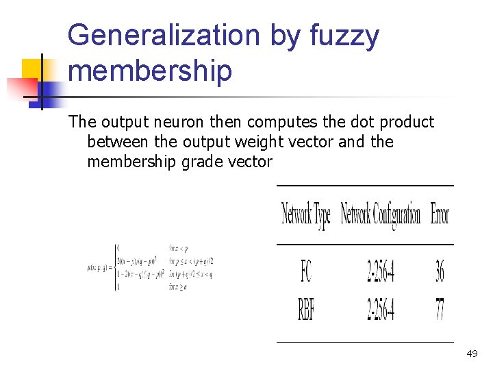 Generalization by fuzzy membership The output neuron then computes the dot product between the