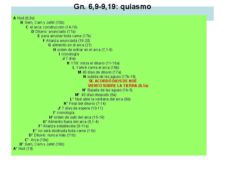 Gn. 6, 9 -9, 19: quiasmo A Noé (6, 9 s) B Sem, Cam