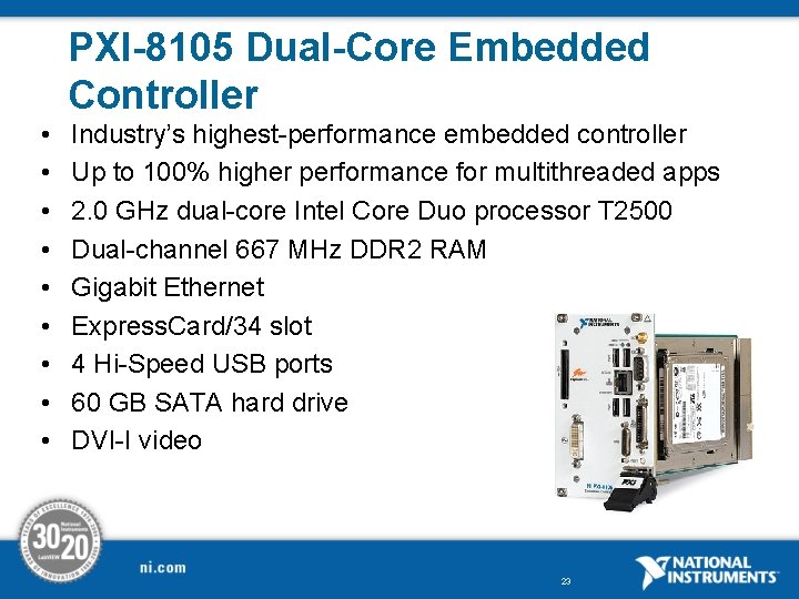 PXI-8105 Dual-Core Embedded Controller • • • Industry’s highest-performance embedded controller Up to 100%