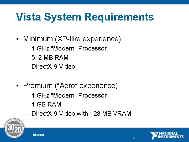 Vista System Requirements • Minimum (XP-like experience) – 1 GHz “Modern” Processor – 512