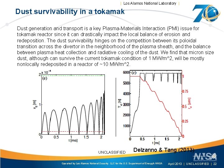| Los Alamos National Laboratory | Dust survivability in a tokamak Dust generation and