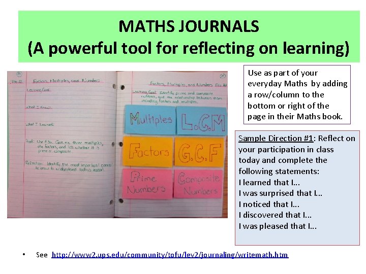 MATHS JOURNALS (A powerful tool for reflecting on learning) Use as part of your