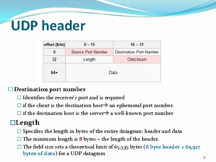 UDP header � Destination port number � Identifies the receiver's port and is required