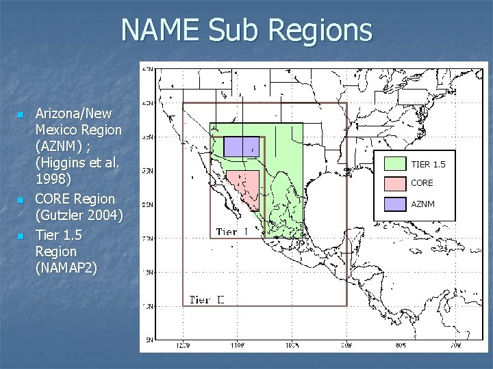 NAME Sub Regions n n n Arizona/New Mexico Region (AZNM) ; (Higgins et al. NAME Sub Regions n n n Arizona/New Mexico Region (AZNM) ; (Higgins et al.
