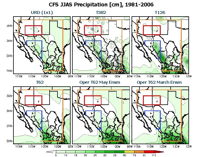 CFS JJAS Precipitation [cm], 1981 -2006 URD (1 x 1) T 62 T 382