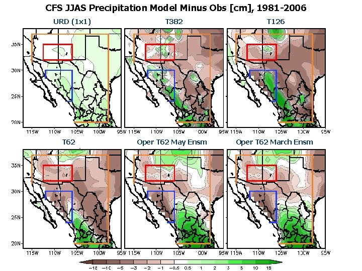 CFS JJAS Precipitation Model Minus Obs [cm], 1981 -2006 URD (1 x 1) T