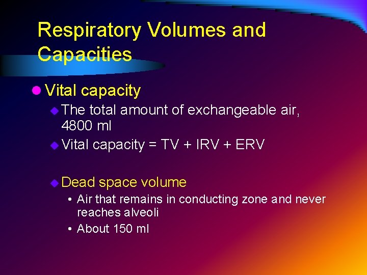 Respiratory Volumes and Capacities l Vital capacity u The total amount of exchangeable air,