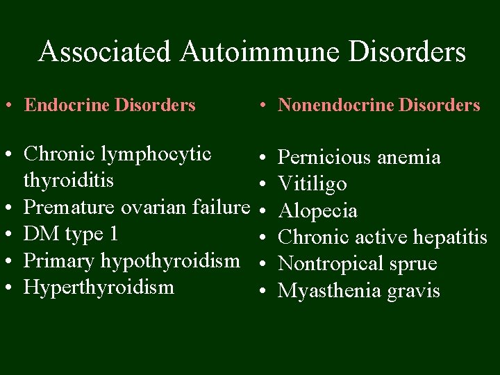 Associated Autoimmune Disorders • Endocrine Disorders • Nonendocrine Disorders • Chronic lymphocytic thyroiditis •