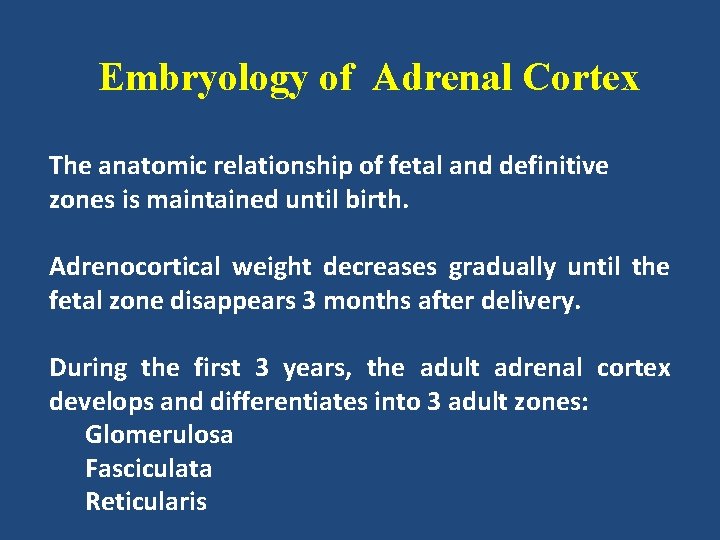 Embryology of Adrenal Cortex The anatomic relationship of fetal and definitive zones is maintained