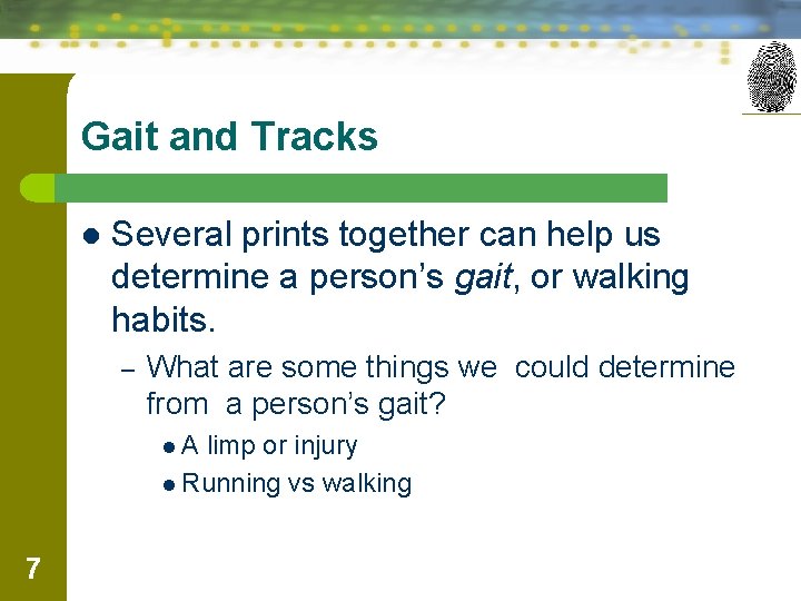 Gait and Tracks l Several prints together can help us determine a person’s gait,