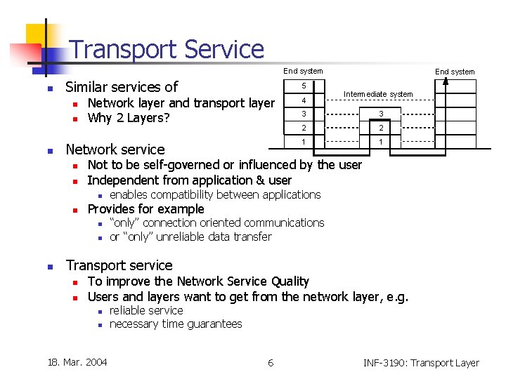 Transport Service End system n Similar services of n n n Network layer and