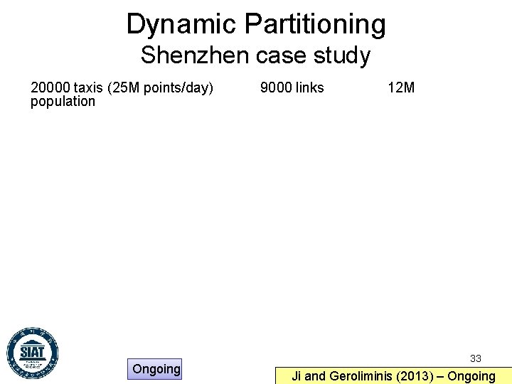 Dynamic Partitioning Shenzhen case study 20000 taxis (25 M points/day) population Ongoing 9000 links