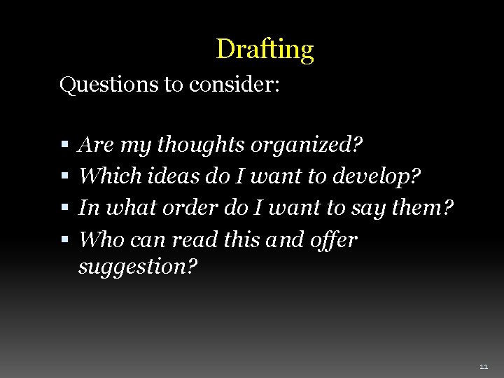 Drafting Questions to consider: Are my thoughts organized? Which ideas do I want to