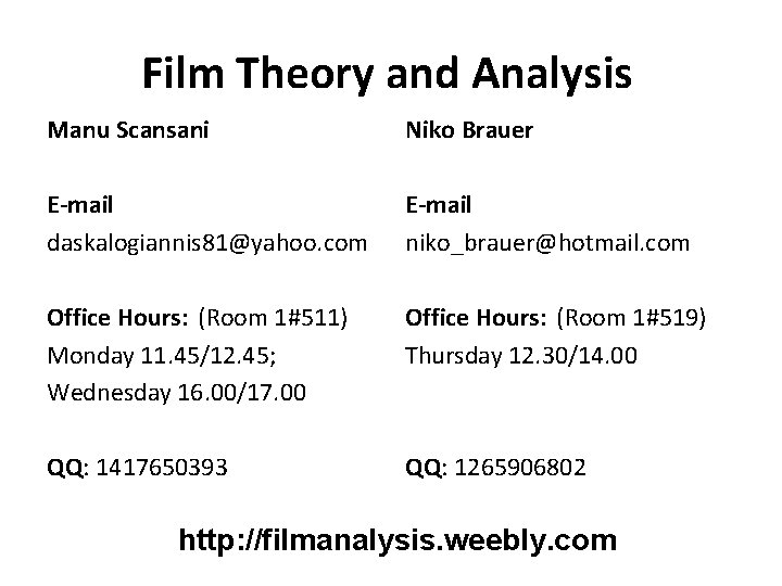 Film Theory and Analysis Manu Scansani Niko Brauer E-mail daskalogiannis 81@yahoo. com E-mail niko_brauer@hotmail.