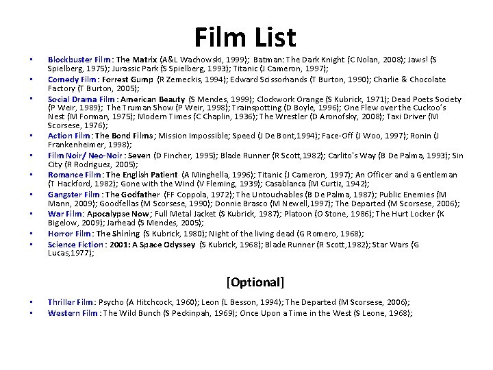  • • • Film List Blockbuster Film : The Matrix (A&L Wachowski, 1999);