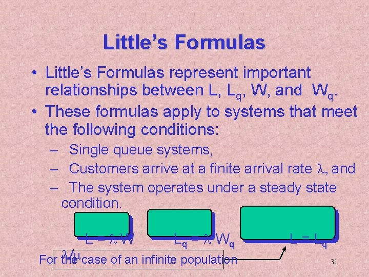 Little’s Formulas • Little’s Formulas represent important relationships between L, Lq, W, and Wq.