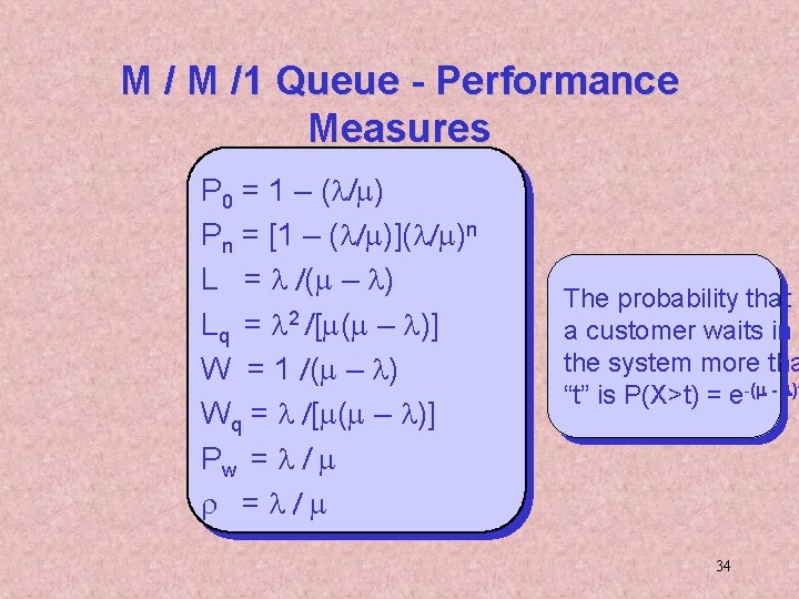 M / M /1 Queue - Performance Measures P 0 = 1 – (l/m)