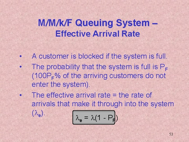 M/M/k/F Queuing System – Effective Arrival Rate • • • A customer is blocked