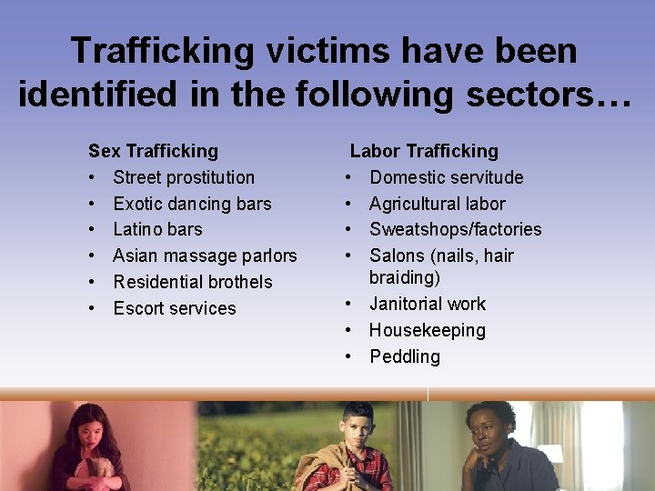 Trafficking victims have been identified in the following sectors… Sex Trafficking • Street prostitution