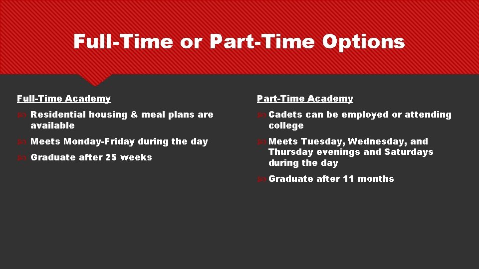 Full-Time or Part-Time Options Full-Time Academy Part-Time Academy Residential housing & meal plans are