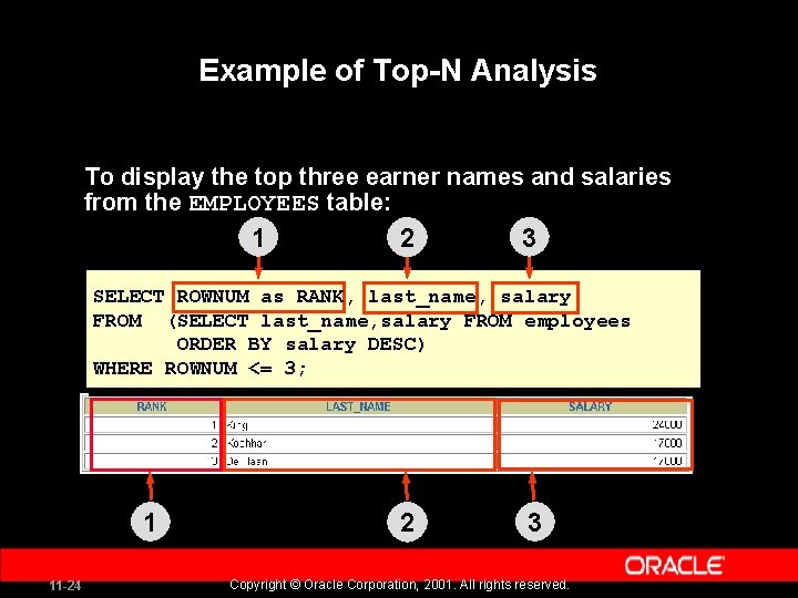 Example of Top-N Analysis To display the top three earner names and salaries from