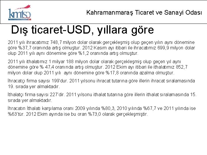 Kahramanmaraş Ticaret ve Sanayi Odası Dış ticaret-USD, yıllara göre 2011 yılı ihracatımız 748, 7