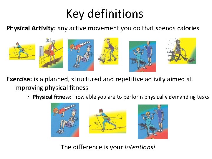 Key definitions Physical Activity: any active movement you do that spends calories Exercise: is