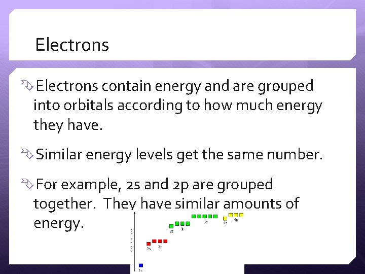 Electrons contain energy and are grouped into orbitals according to how much energy they