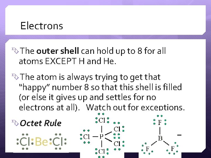 Electrons The outer shell can hold up to 8 for all atoms EXCEPT H