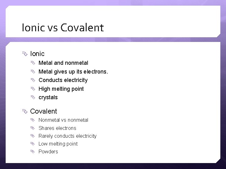 Ionic vs Covalent Ionic Metal and nonmetal Metal gives up its electrons. Conducts electricity