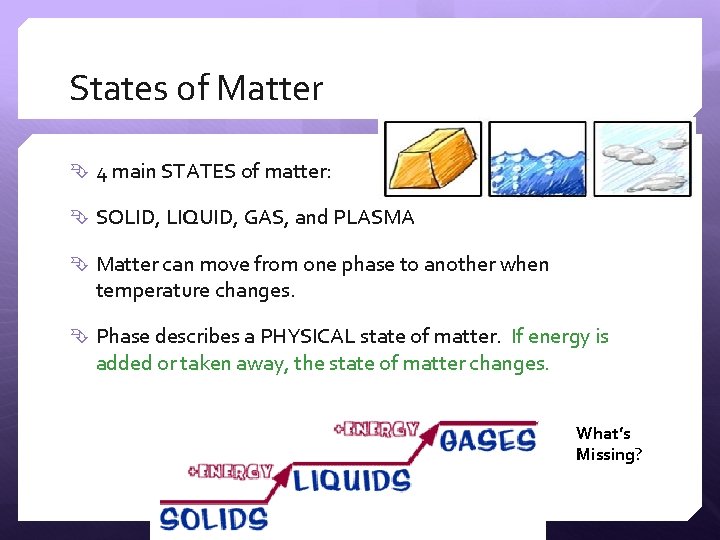 States of Matter 4 main STATES of matter: SOLID, LIQUID, GAS, and PLASMA Matter
