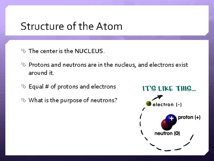 Structure of the Atom The center is the NUCLEUS. Protons and neutrons are in