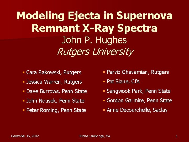 Modeling Ejecta in Supernova Remnant X-Ray Spectra John P. Hughes Rutgers University § Cara