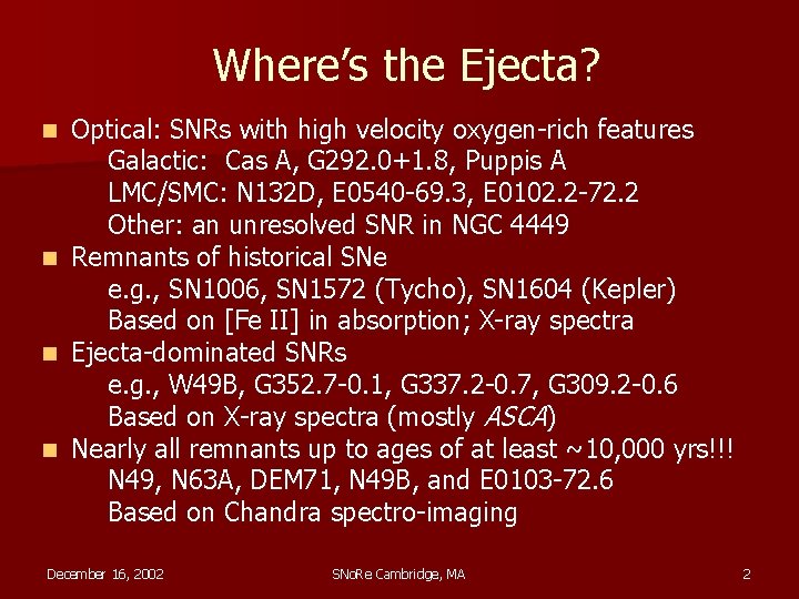 Where’s the Ejecta? n n Optical: SNRs with high velocity oxygen-rich features Galactic: Cas