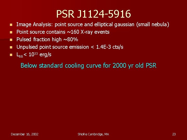 PSR J 1124 -5916 n n n Image Analysis: point source and elliptical gaussian