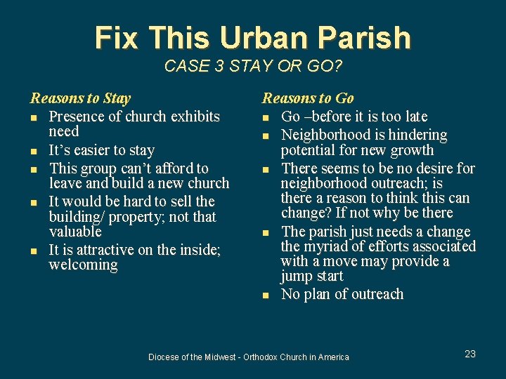 Fix This Urban Parish CASE 3 STAY OR GO? Reasons to Stay n Presence