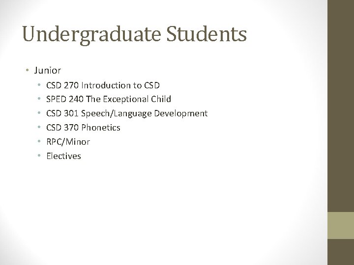 Undergraduate Students • Junior • • • CSD 270 Introduction to CSD SPED 240