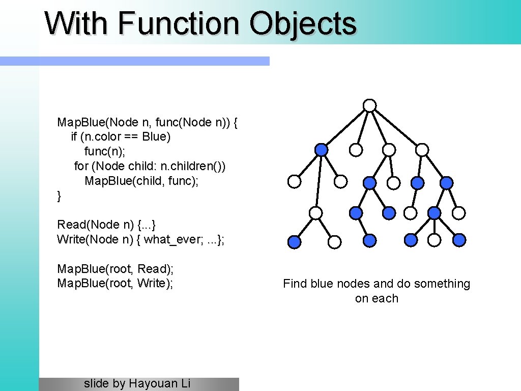 With Function Objects Map. Blue(Node n, func(Node n)) { if (n. color == Blue) With Function Objects Map. Blue(Node n, func(Node n)) { if (n. color == Blue)