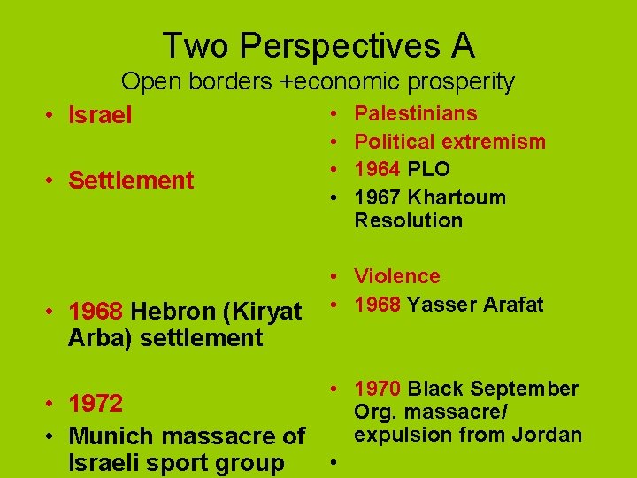 Two Perspectives A Open borders +economic prosperity • Palestinians • Israel • Settlement •