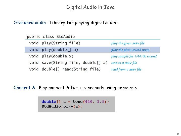 Digital Audio in Java Standard audio. Library for playing digital audio. Concert A. Play