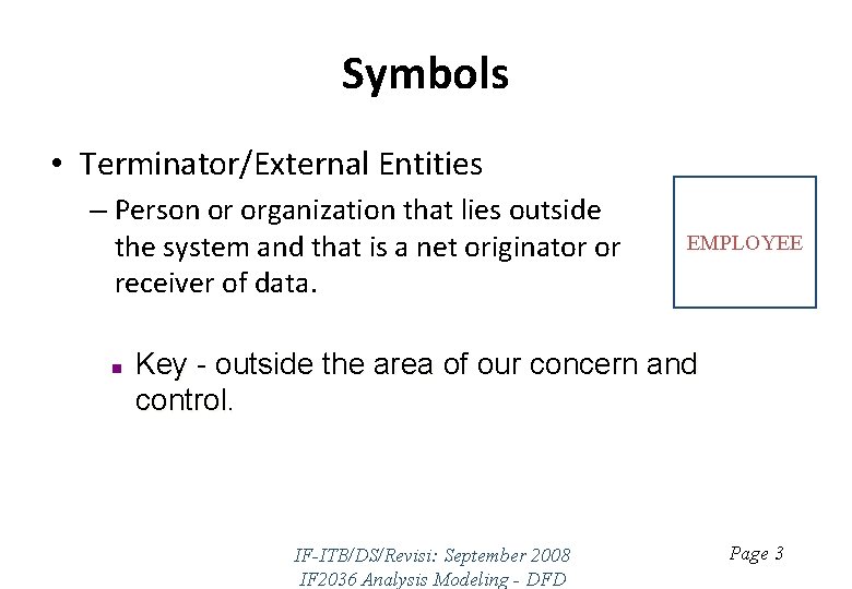 Symbols • Terminator/External Entities – Person or organization that lies outside the system and