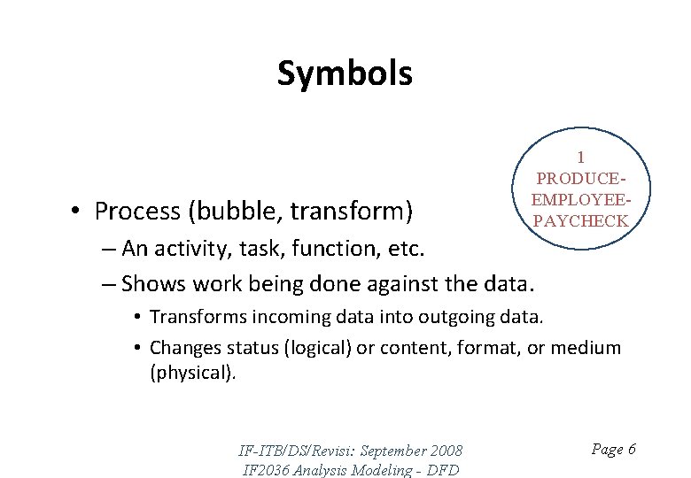 Symbols • Process (bubble, transform) 1 PRODUCEEMPLOYEEPAYCHECK – An activity, task, function, etc. –