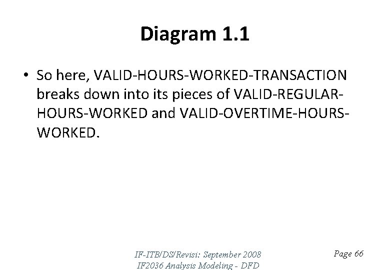 Diagram 1. 1 • So here, VALID-HOURS-WORKED-TRANSACTION breaks down into its pieces of VALID-REGULARHOURS-WORKED